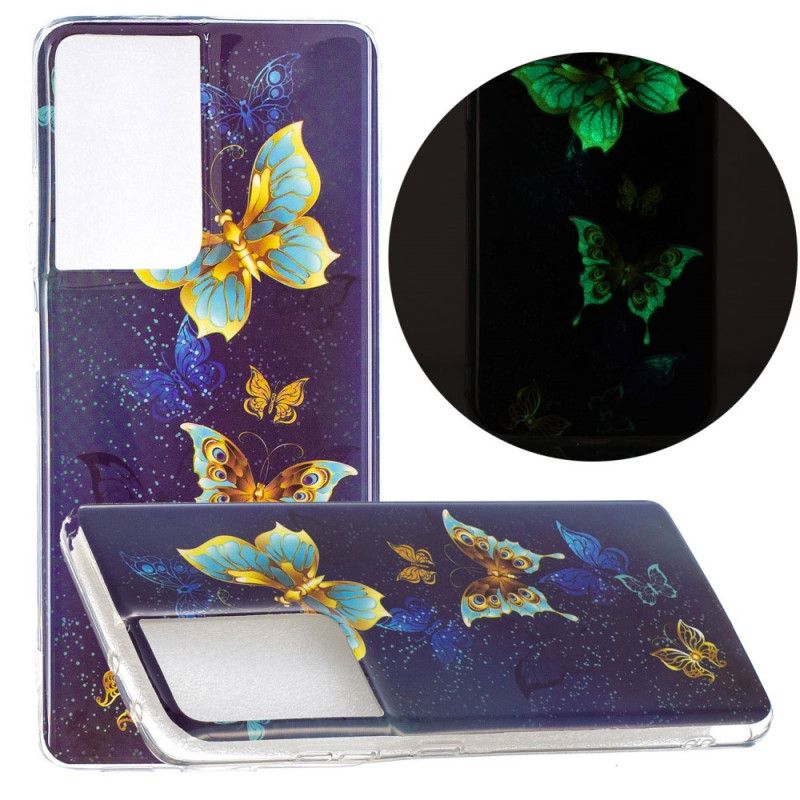 Case Kuoret Samsung Galaxy S21 Ultra 5G Vaaleansininen Tummansininen Puhelinkuoret Fluoresoiva Perhosarja