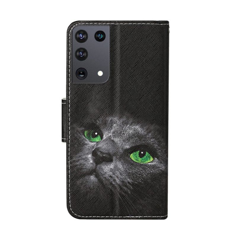 Flip Case Samsung Galaxy S21 Ultra 5G Kissa Vihreillä Silmillä Ja Remmi