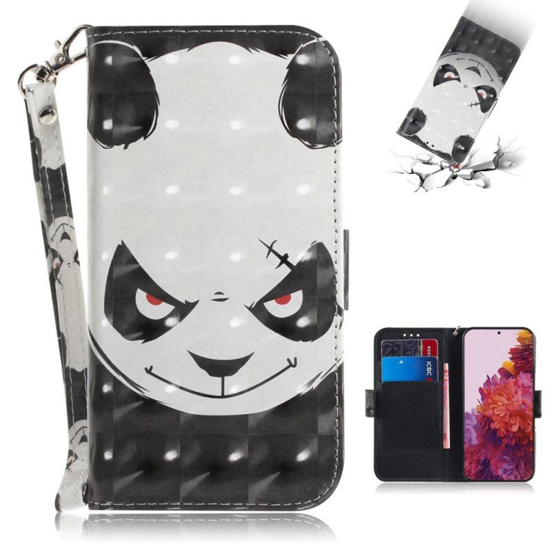 Flip Case Samsung Galaxy S21 Ultra 5G Vaaleanpunainen Musta Panda Stringillä