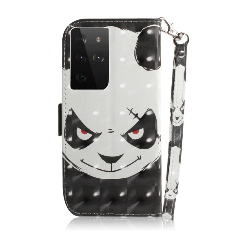 Flip Case Samsung Galaxy S21 Ultra 5G Vaaleanpunainen Musta Panda Stringillä