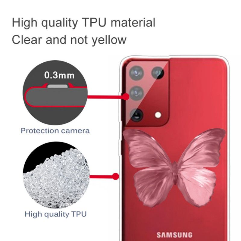 Kuori Samsung Galaxy S21 Ultra 5G Tummansininen Vaaleanpunainen Villi Perhosia Suojakuori