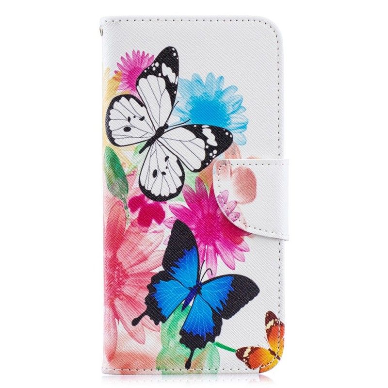 Flip Case Huawei Y6 2019 Vaaleansininen Magenta Maalatut Perhoset Ja Kukat