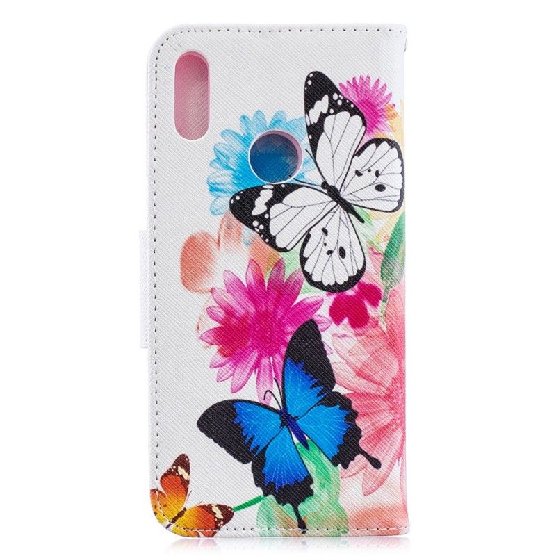 Flip Case Huawei Y6 2019 Vaaleansininen Magenta Maalatut Perhoset Ja Kukat