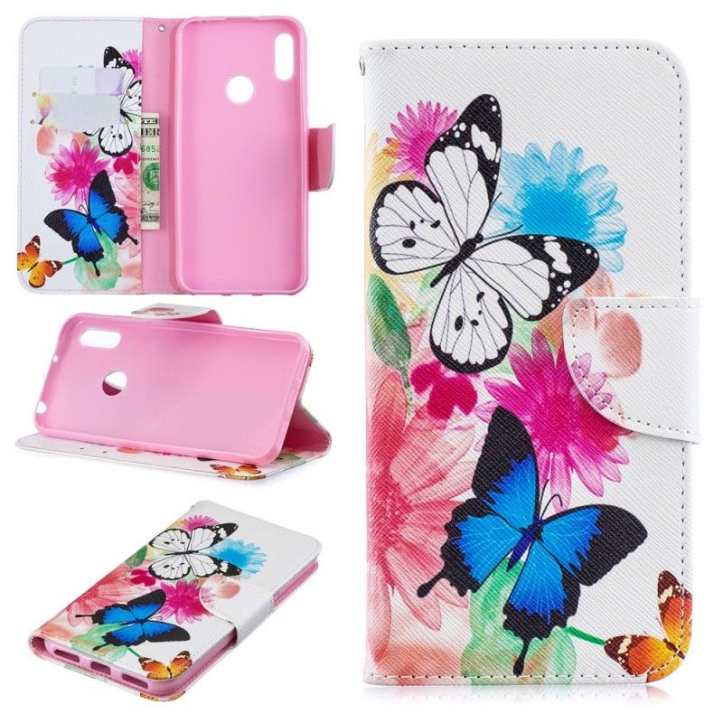 Flip Case Huawei Y6 2019 Vaaleansininen Magenta Maalatut Perhoset Ja Kukat