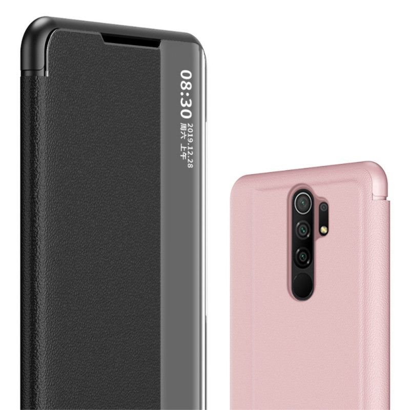 Näkymä Kansi Xiaomi Redmi 9 Punainen Musta Kuvioitu Tekonahka