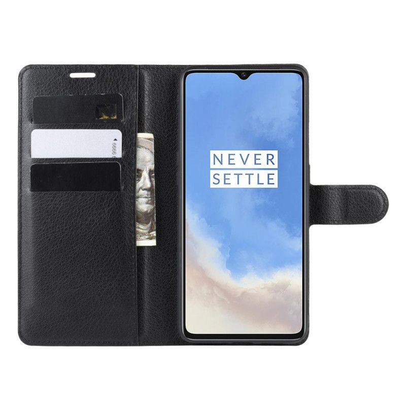 Nahkakotelo OnePlus 7T Valkoinen Musta Puhelinkuoret Premium-Litsi Nahkatyyli