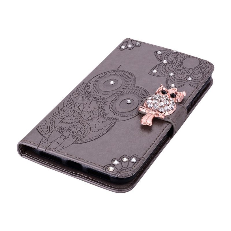 Flip Case Samsung Galaxy A72 4G / A72 5G Punainen Harmaa Pöllö Mandala Ja Viehätys