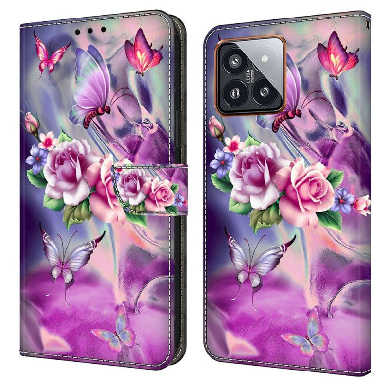 Kotelot Xiaomi 14 Pro Purppuraisia Perhosia Ja Kukkia