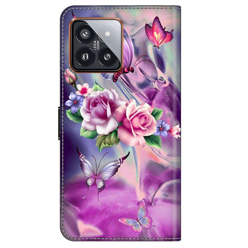 Kotelot Xiaomi 14 Pro Purppuraisia Perhosia Ja Kukkia