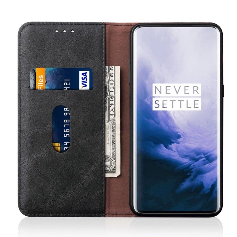 Flip Kotelot OnePlus 7 Pro Ruskea Musta Ommeltu Nahkaefekti Suojakuori