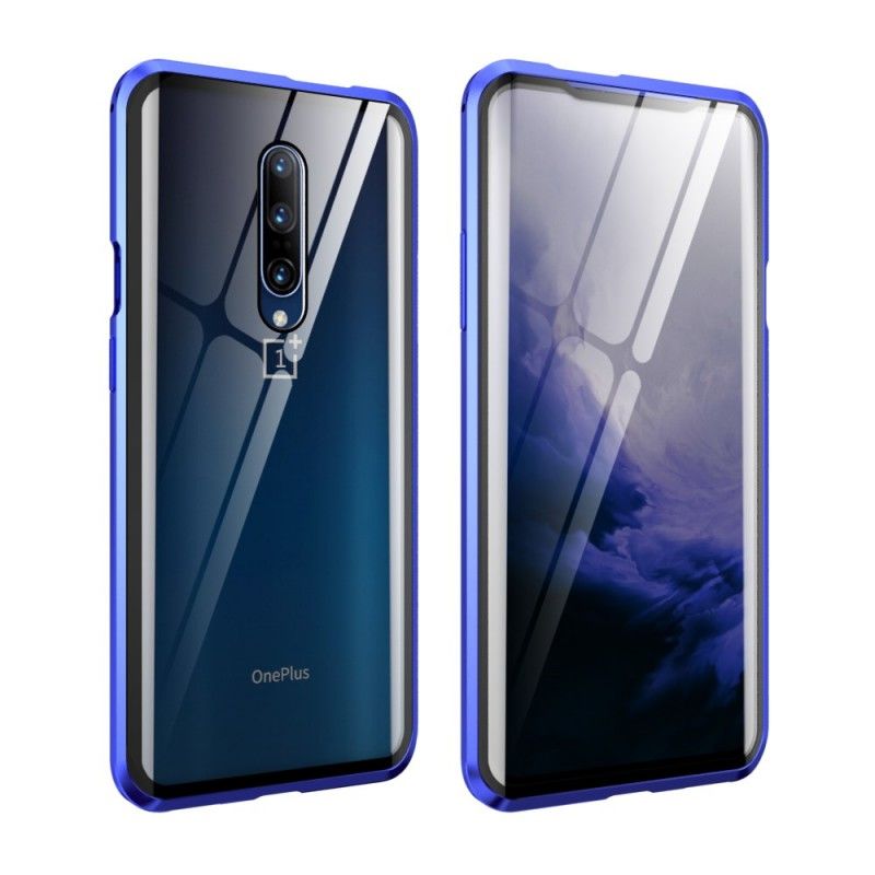 Nahkakotelo OnePlus 7 Pro Punainen Musta Puhelinkuoret Karkaistu Lasi Ja Metallireunat