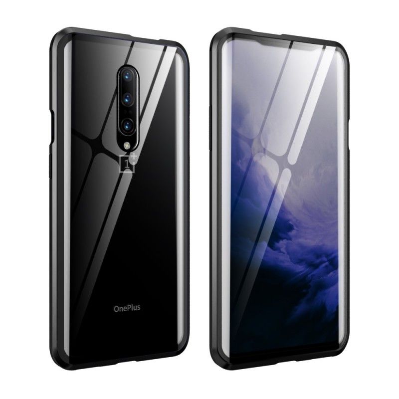 Nahkakotelo OnePlus 7 Pro Punainen Musta Puhelinkuoret Karkaistu Lasi Ja Metallireunat