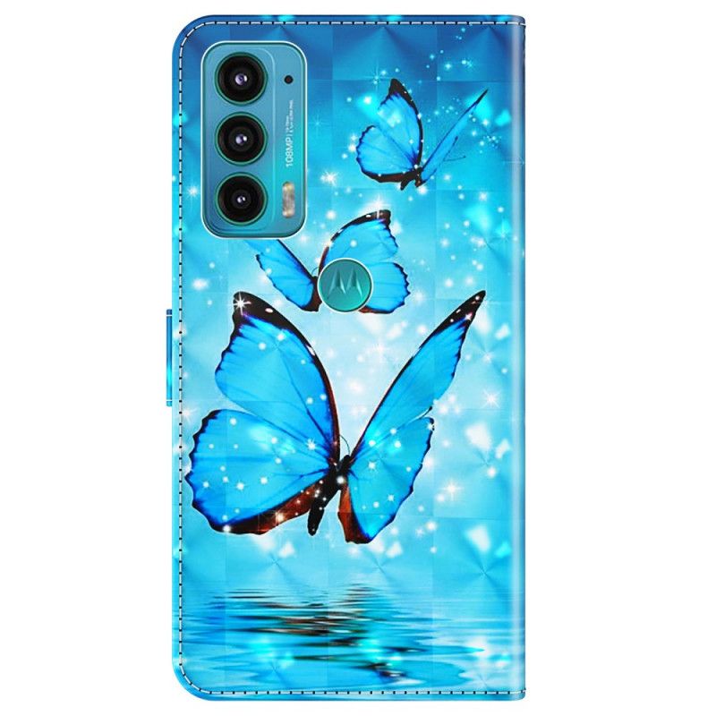 Flip Kotelot Moto E20 / E30 / E40 Flying Blue Butterflies Suojakuori