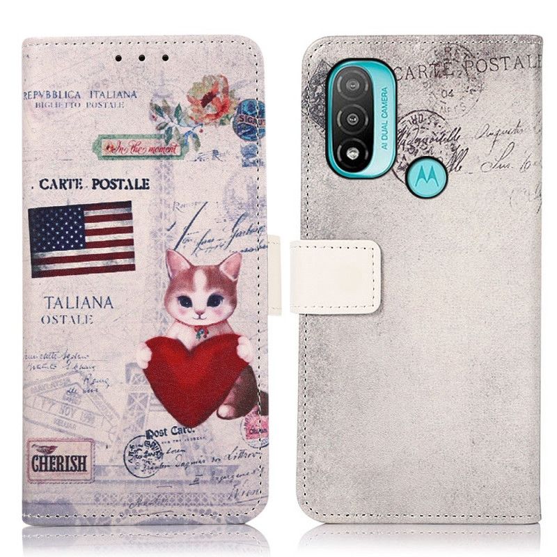 Flip Kotelot Moto E20 / E30 / E40 Traveler Cat Suojakuori