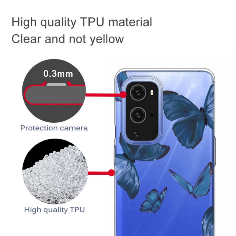 Kuori OnePlus 9 Pro Tummansininen Vaaleanpunainen Villi Perhosia Suojakuori