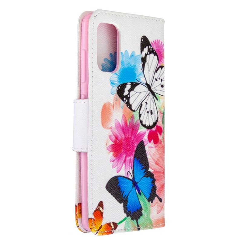 Flip Case Samsung Galaxy A41 Vaaleansininen Magenta Maalatut Perhoset Ja Kukat