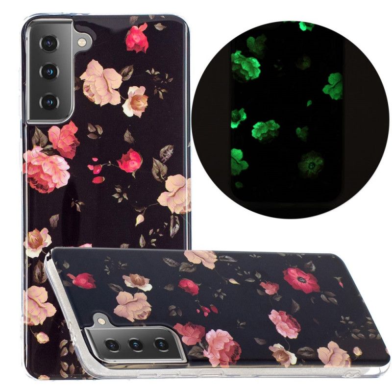 Case Kuoret Samsung Galaxy S21 5G Tummanpunainen Musta Puhelinkuoret Fluoresoiva Kukka-Sarja