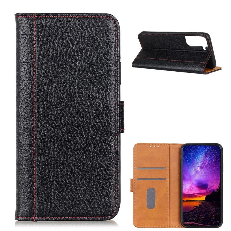 Flip Case Samsung Galaxy S21 5G Punainen Musta Litsi Nahkaa Saumat