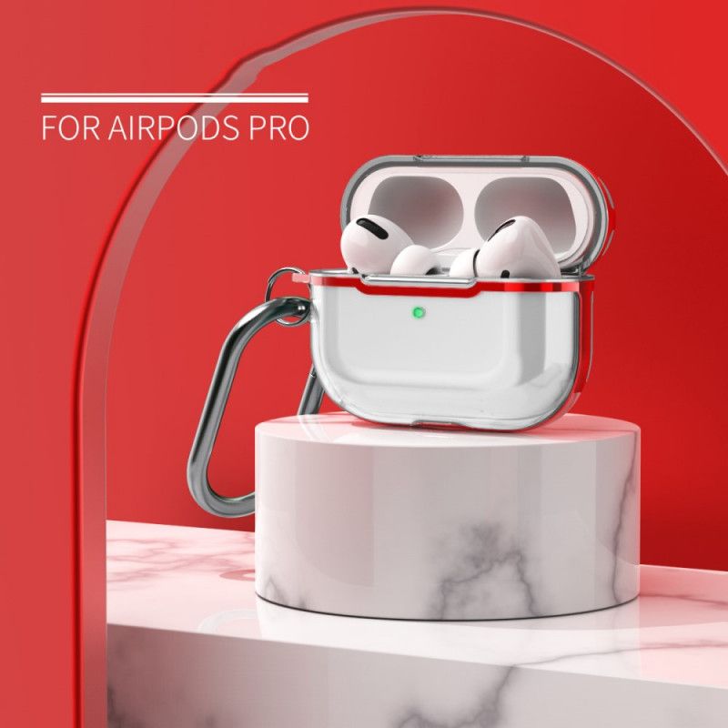 Kuori AirPods Pro Punainen Harmaa Läpinäkyvä Metallirakenne Karabiinilla Suojakuori