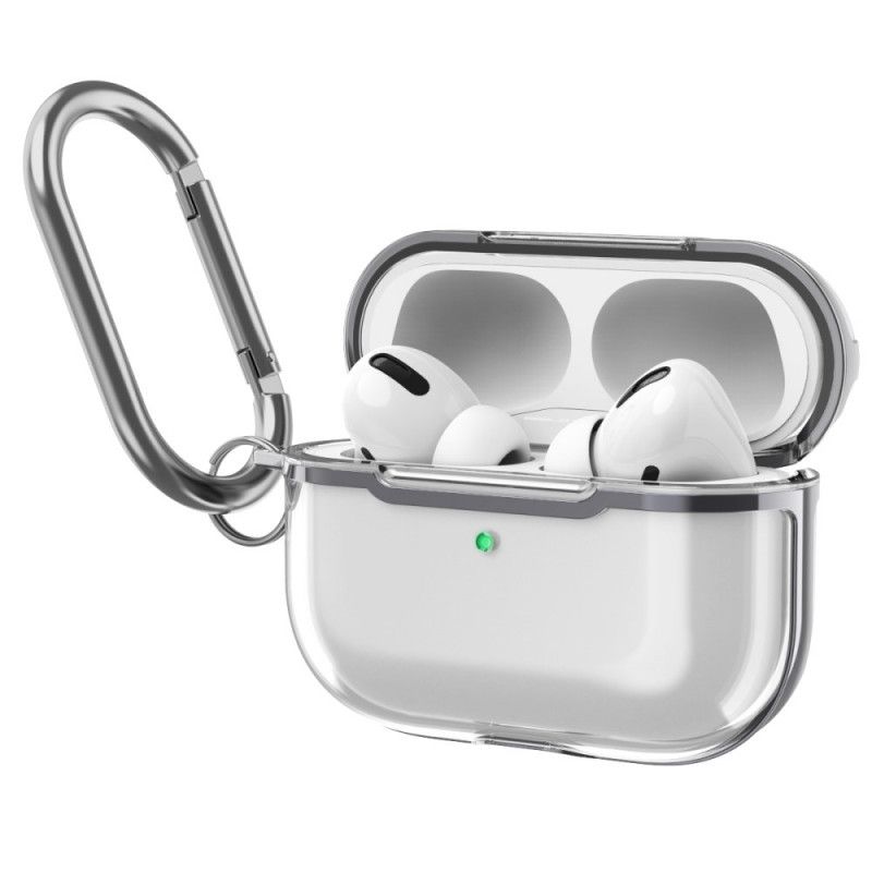 Kuori AirPods Pro Punainen Harmaa Läpinäkyvä Metallirakenne Karabiinilla Suojakuori