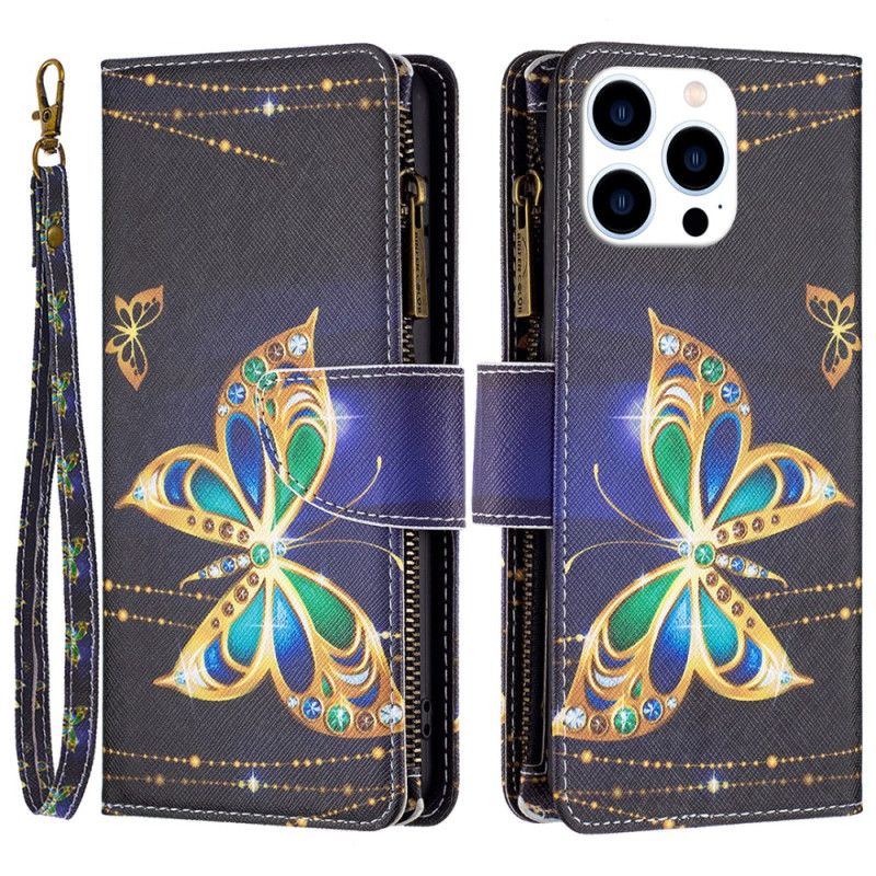 Nahkakotelo iPhone 16 Pro Max Rhinestone Butterflies -lompakko