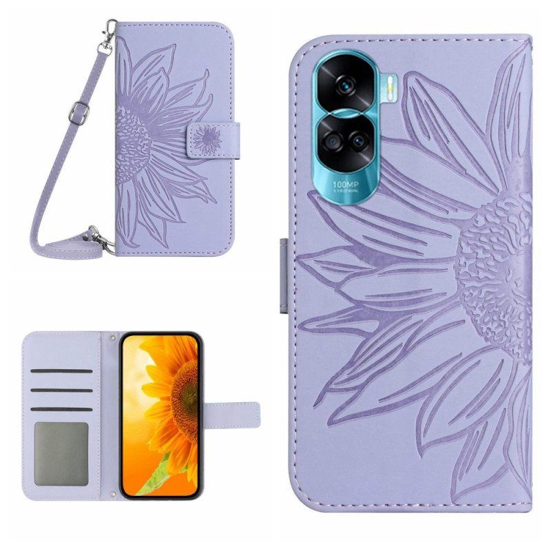 Flip Case Honor 90 Lite Auringonkukka Olkahihnalla