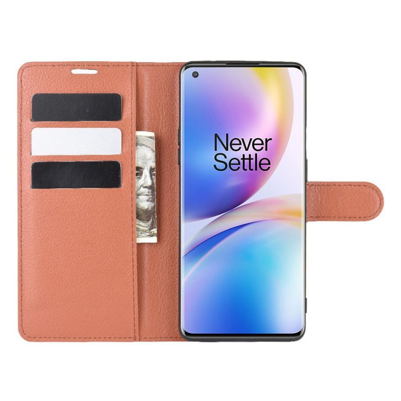 Nahkakotelo OnePlus 8 Pro Valkoinen Musta Puhelinkuoret Premium-Litsi Nahkatyyli