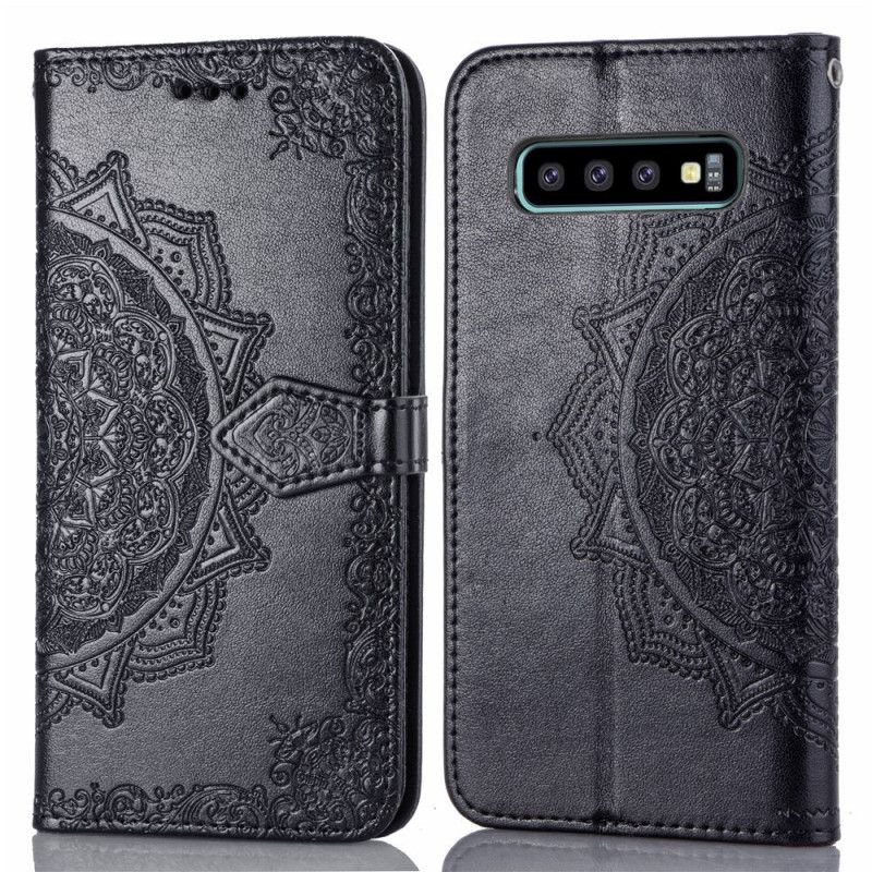 Flip Case Samsung Galaxy S10 Plus Harmaa Musta Keski-Ikäinen Mandala