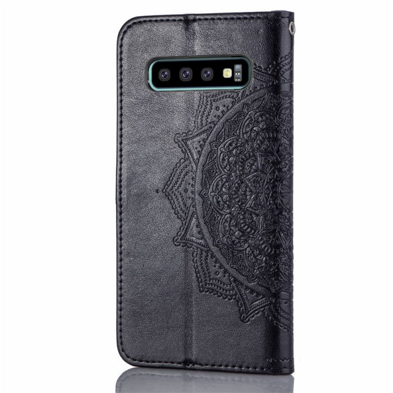 Flip Case Samsung Galaxy S10 Plus Harmaa Musta Keski-Ikäinen Mandala