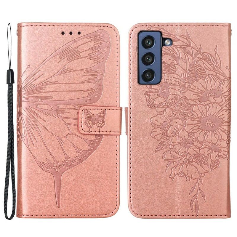 Flip Kotelot Samsung Galaxy S21 Fe Butterfly Design Kaulanauhalla Suojakuori