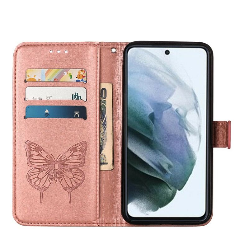 Flip Kotelot Samsung Galaxy S21 Fe Butterfly Design Kaulanauhalla Suojakuori