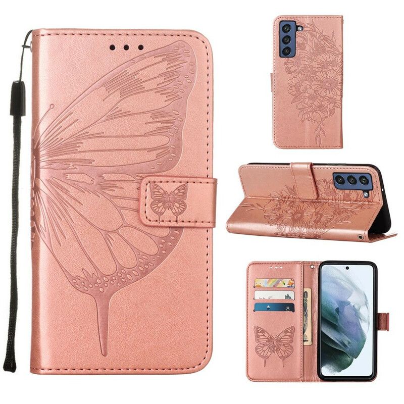 Flip Kotelot Samsung Galaxy S21 Fe Butterfly Design Kaulanauhalla Suojakuori