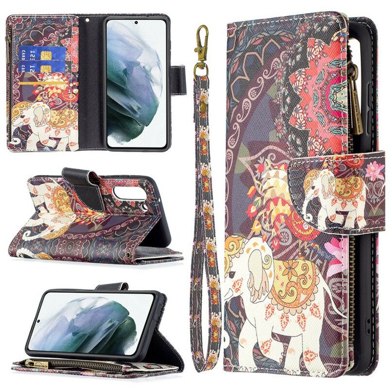 Flip Kotelot Samsung Galaxy S21 Fe Elephant-vetoketjullinen Tasku Suojakuori