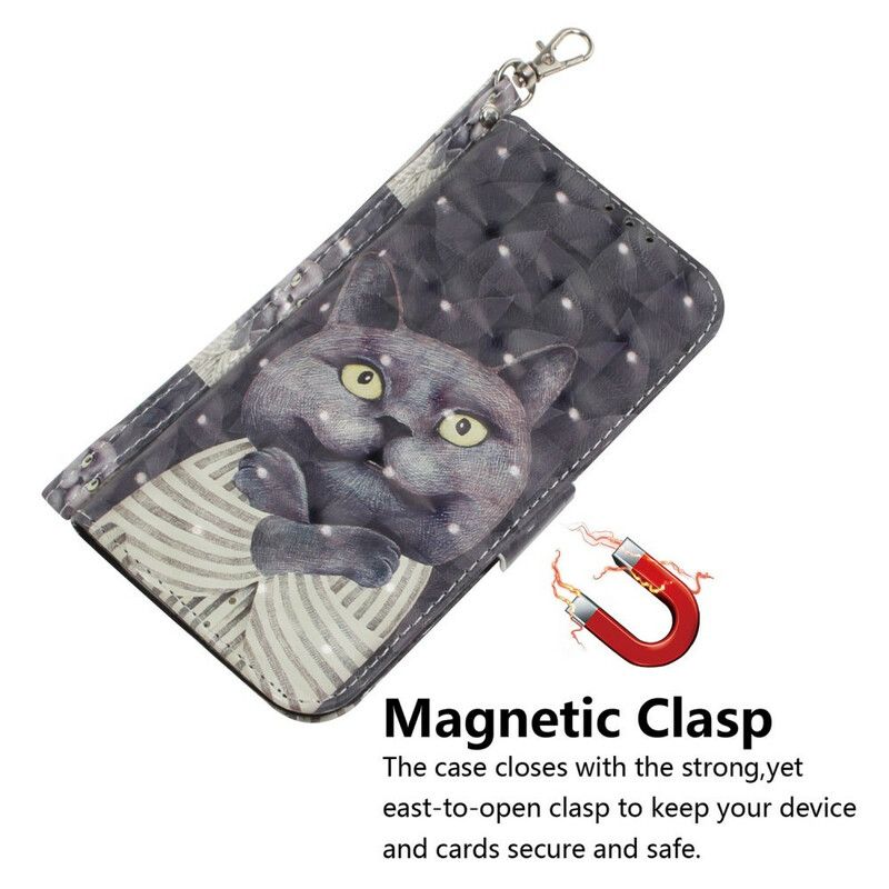 Flip Kotelot Samsung Galaxy S21 Fe Harmaa Strappy Cat Suojakuori