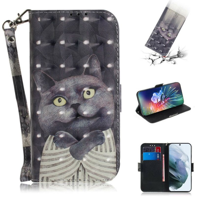 Flip Kotelot Samsung Galaxy S21 Fe Harmaa Strappy Cat Suojakuori