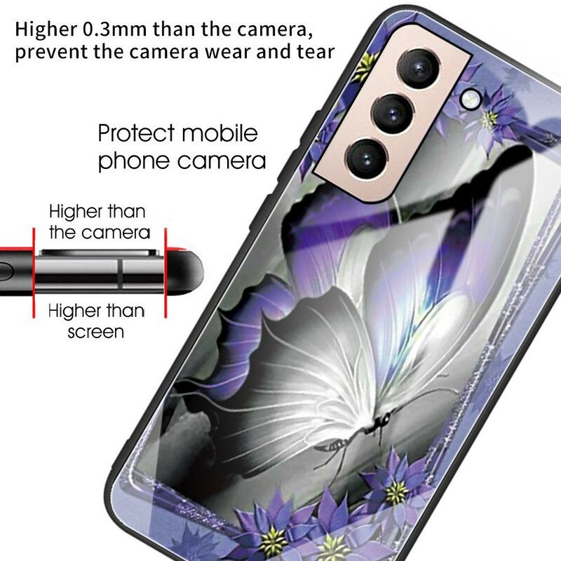 Kuori Samsung Galaxy S21 Fe Purple Butterfly Tempered Glass