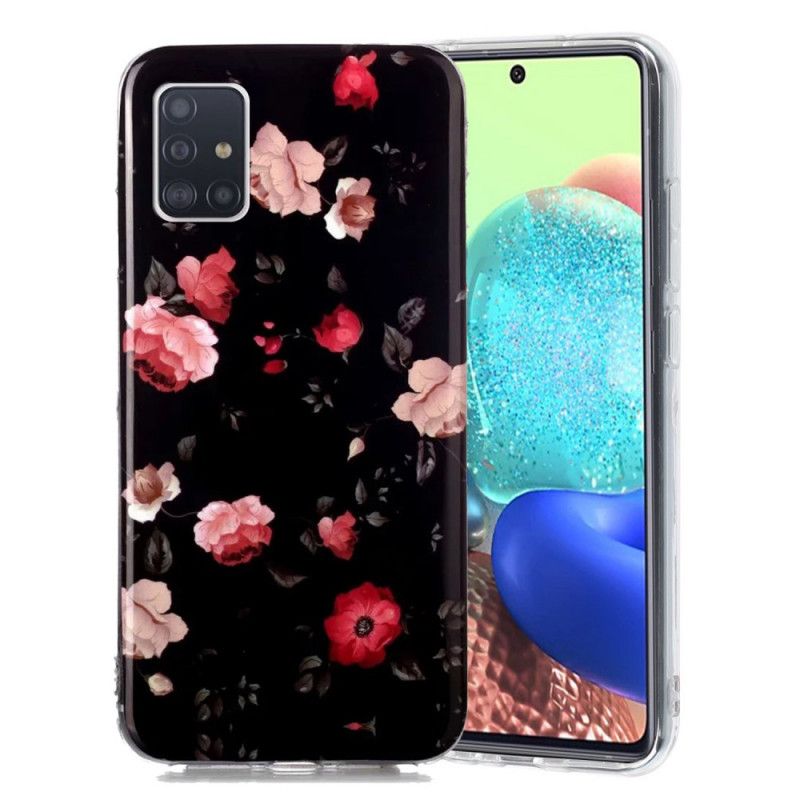 Kuori Samsung Galaxy A51 5G Vaaleansininen Punainen Fluoresoiva Kukka-Sarja