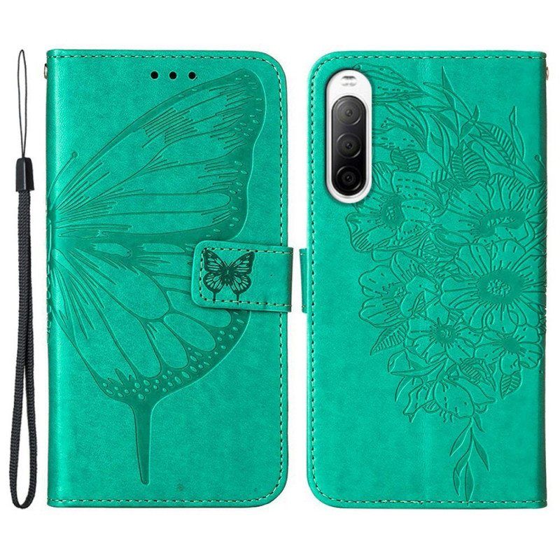 Flip Case Sony Xperia 10 IV Perhonen Kaulanauhalla