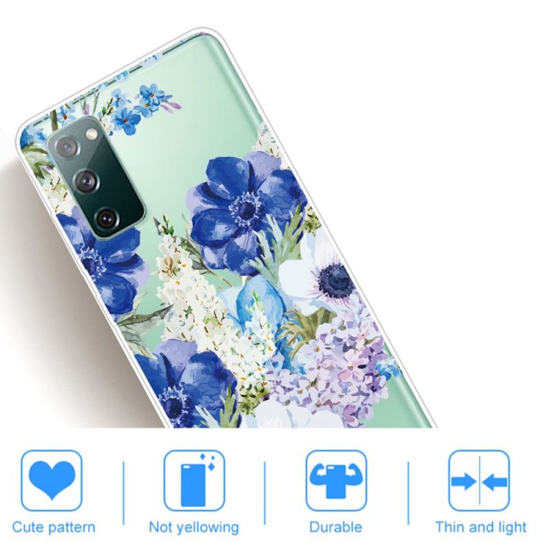 Kuori Samsung Galaxy S20 FE Läpinäkyvät Vesiväri Siniset Kukat Suojakuori