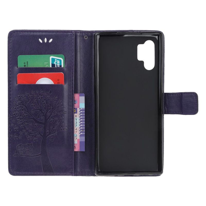 Flip Case Samsung Galaxy Note 10 Plus Vaaleansininen Puu Ja Remmi Pöllöt