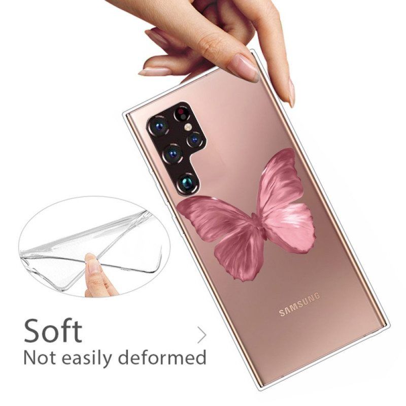 Case Samsung Galaxy S22 Ultra 5G Pinkki Butterfly-letku