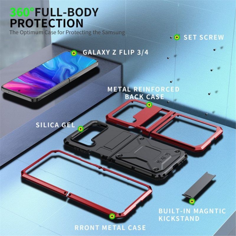 Case Samsung Galaxy Z Flip 4 Kotelot Flip Metalli- Ja Handsfree-tuki