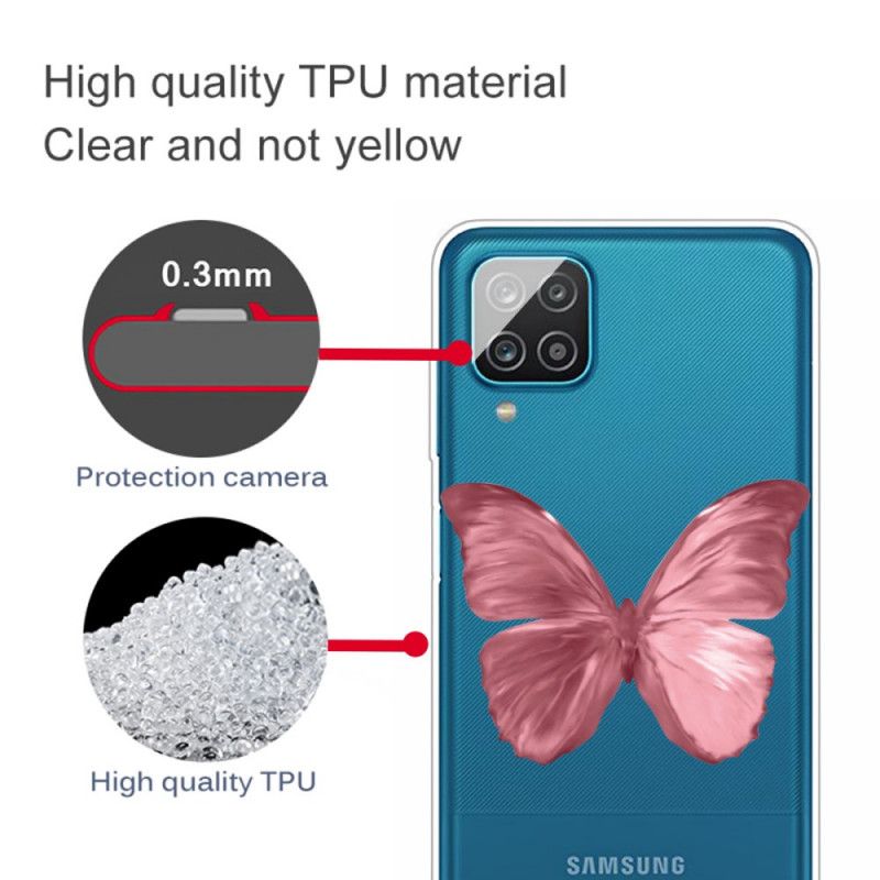 Kuori Samsung Galaxy A12 Tummansininen Vaaleanpunainen Villi Perhosia