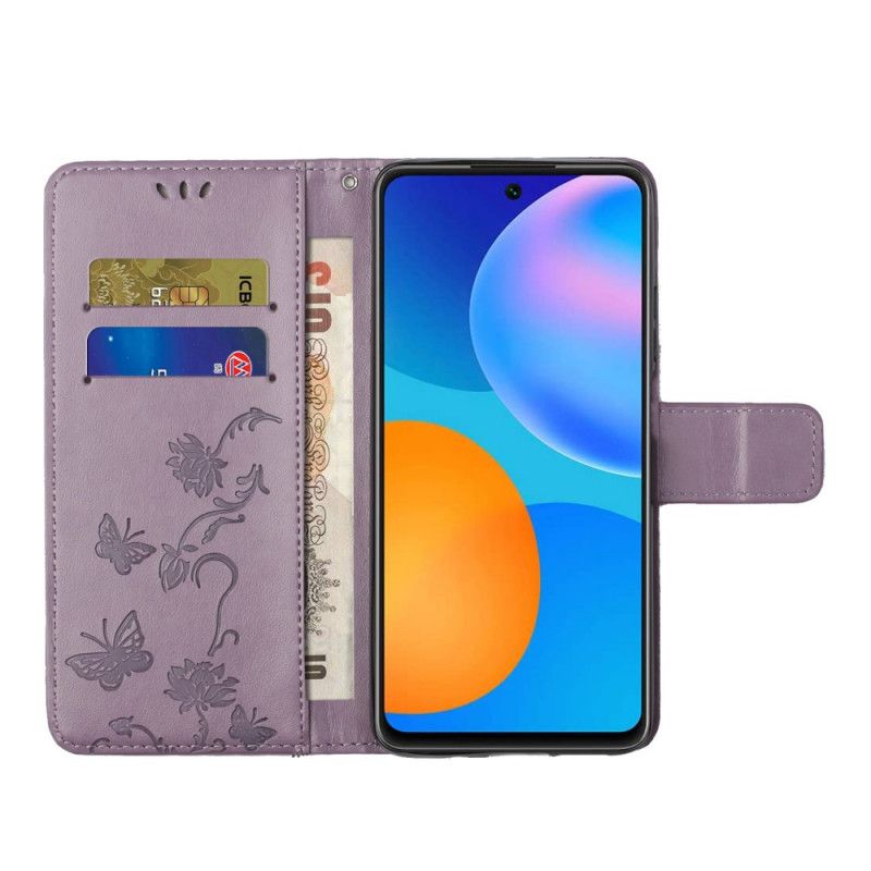 Flip Case Samsung Galaxy A52 4G / A52 5G Harmaa Musta Perhosia Ja Stringikukkia