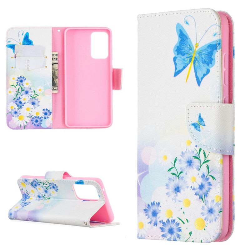 Flip Case Samsung Galaxy A52 4G / A52 5G Vaaleansininen Magenta Maalatut Perhoset Ja Kukat