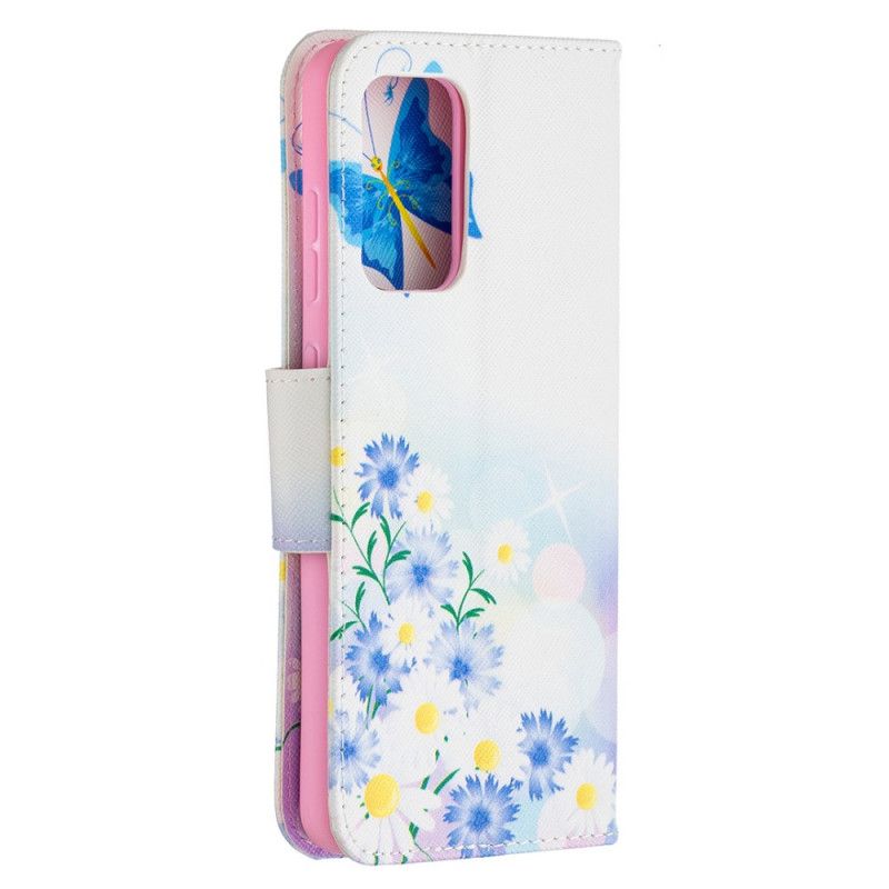 Flip Case Samsung Galaxy A52 4G / A52 5G Vaaleansininen Magenta Maalatut Perhoset Ja Kukat