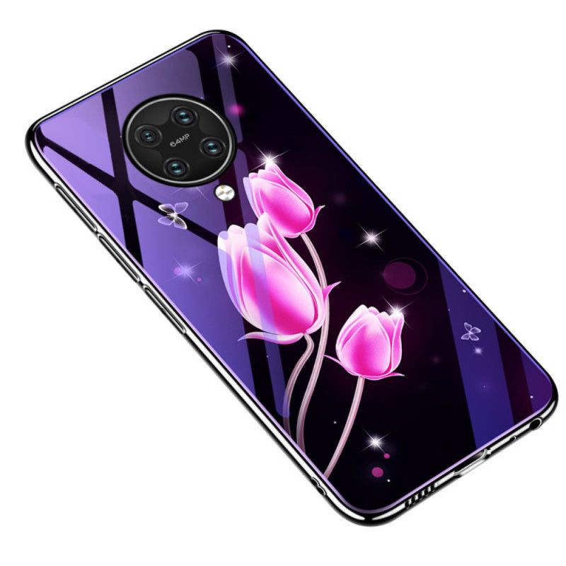 Kuori Xiaomi Poco F2 Pro Violetti Karkaistu Lasi Ja Kukka-Silikoni