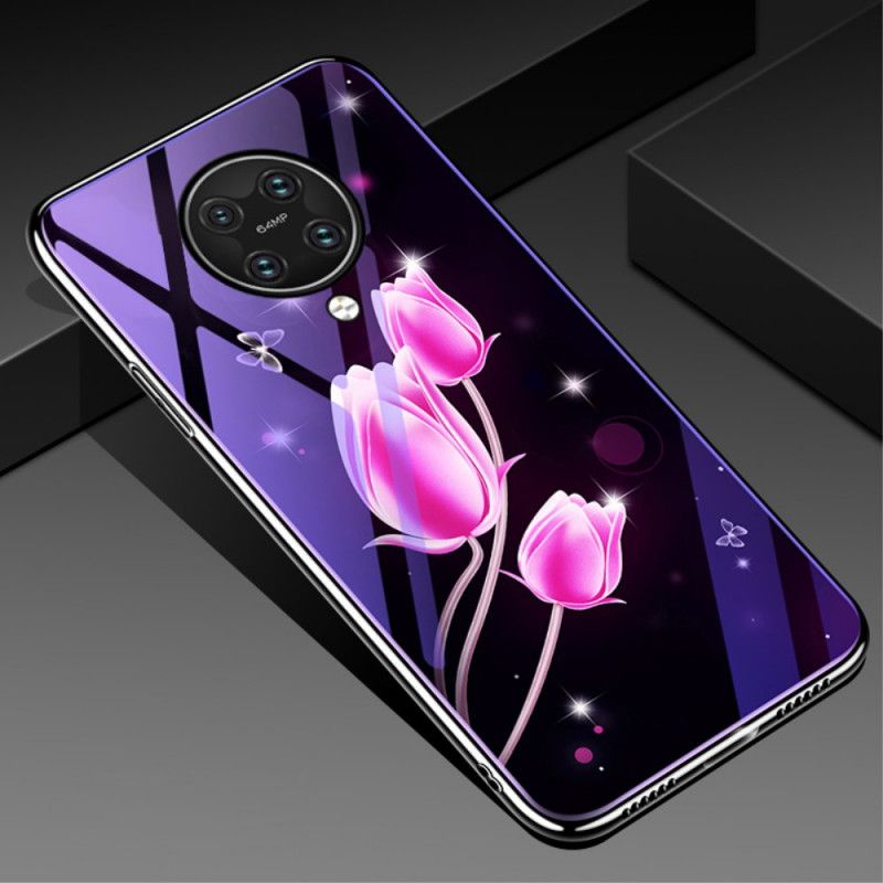 Kuori Xiaomi Poco F2 Pro Violetti Karkaistu Lasi Ja Kukka-Silikoni