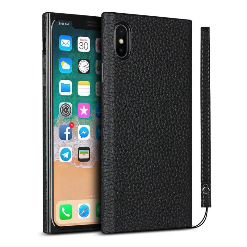 Kuori iPhone XS Max Harmaa Musta Aitoa Litsi Nahkaa Hihnalla