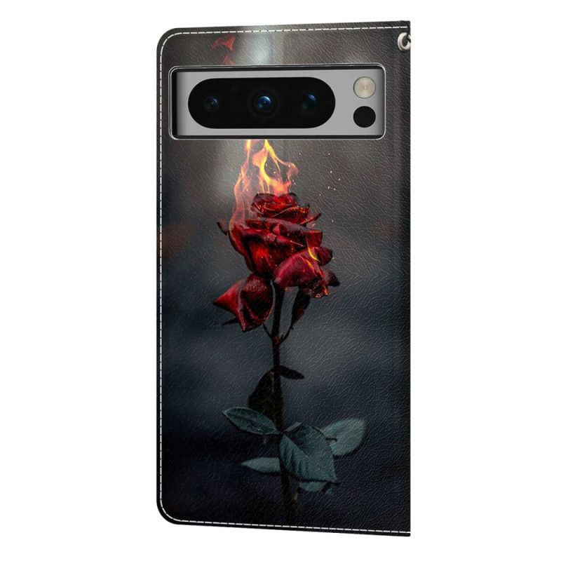 Nahkakotelo Google Pixel 8 Pro Rose On Fire Hihnalla